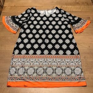 NY collection 1XP dress. Aline, knee length. Black& white w orange accents.